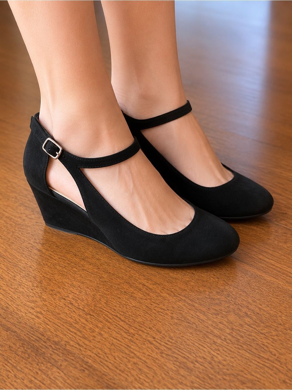 me too Morgan Black Suede Mary Jane Wedge Pumps with Ankle Strap